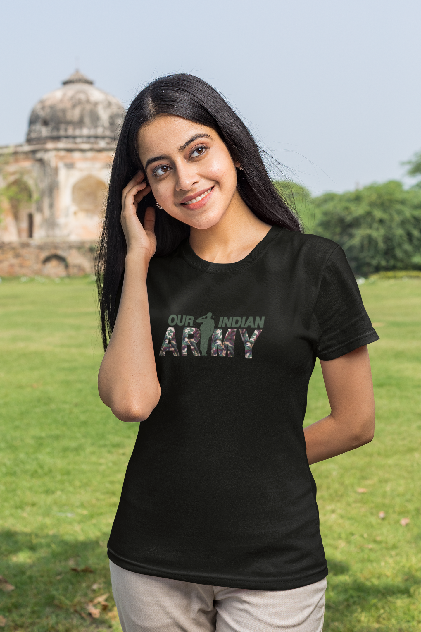 ShirtlessClub – Indian Army Tribute T-Shirt for Women | ARMY Print & Officer Illustration | 100% Cotton – Black