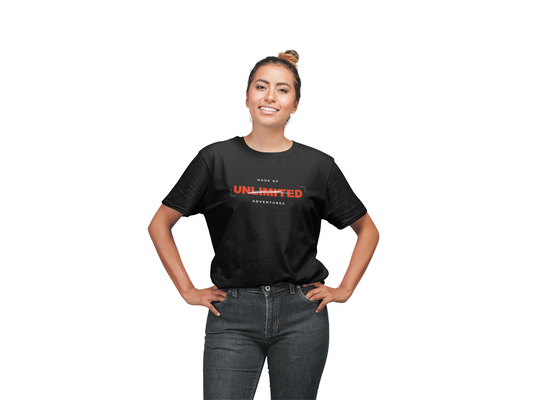 ShirtlessClub Women's Black Adventure T-Shirt | Regular Fit Cotton Tee | “Made of Adventures” Printed Half Sleeve | Gym, Trekking & Travel Wear